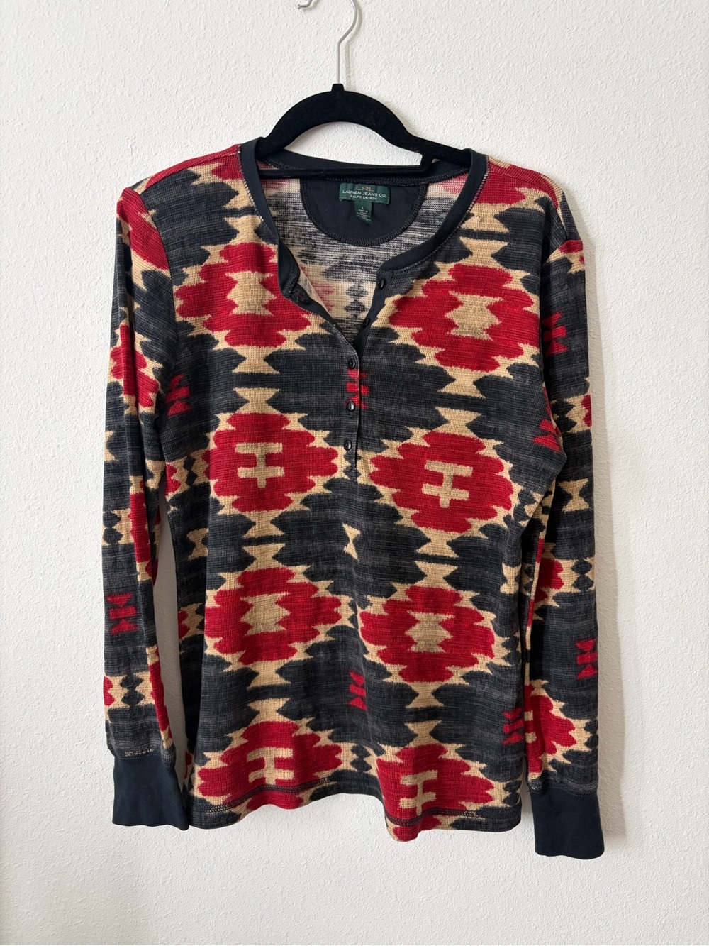 LRL Lauren Jeans Co Ralph Lauren Western Print Thermal 100% Cotton Henley Large